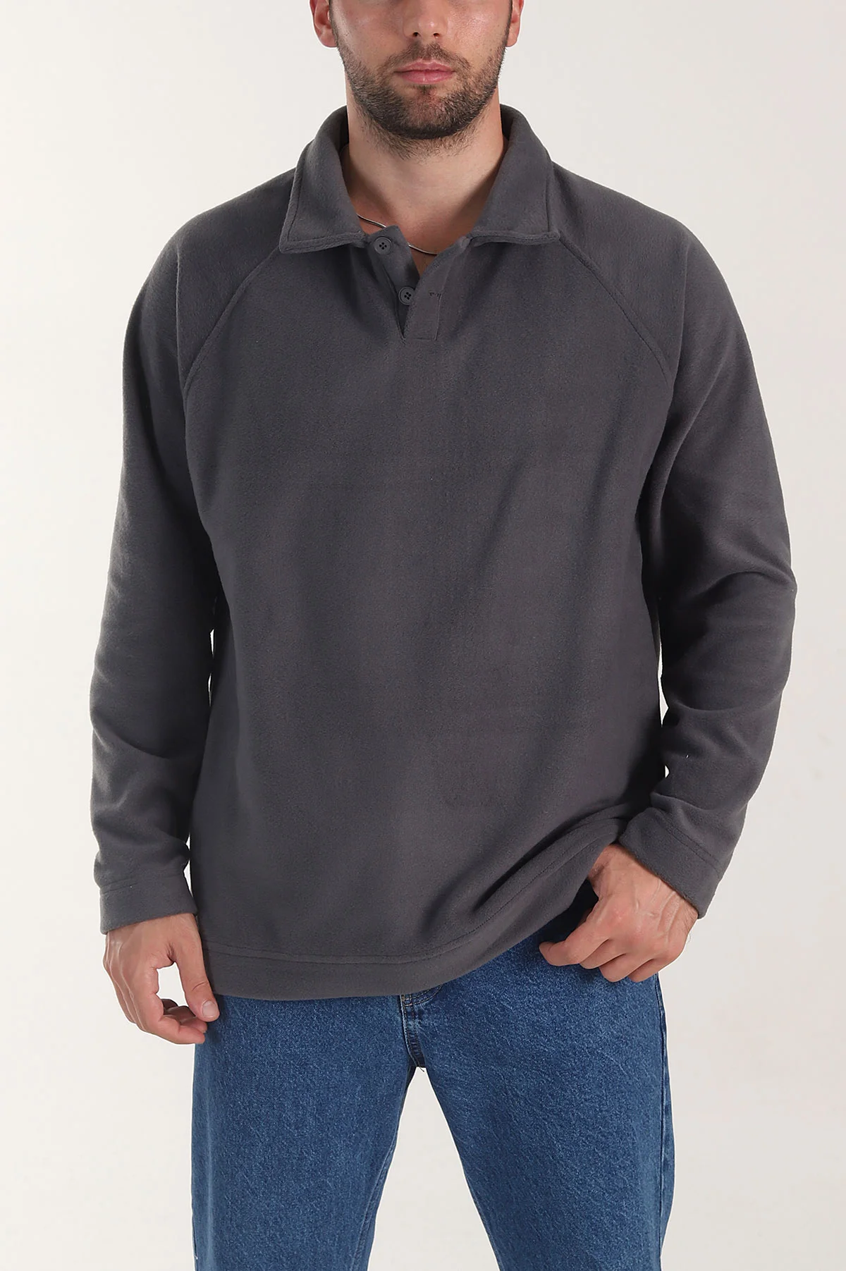 Antrasit Polo Yaka Düğmeli Uzun Kollu Polar Kumaş Erkek Sweatshirt 404280