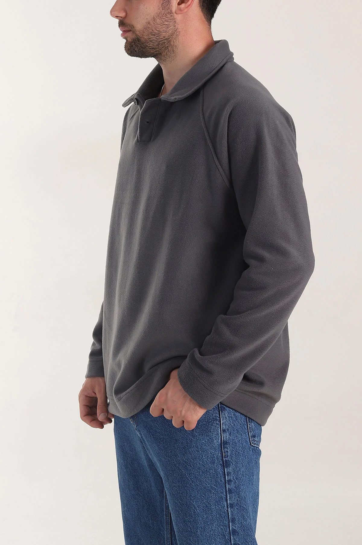 Antrasit Polo Yaka Düğmeli Uzun Kollu Polar Kumaş Erkek Sweatshirt 404280