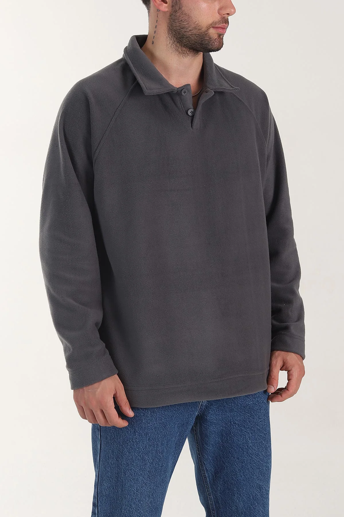 Antrasit Polo Yaka Düğmeli Uzun Kollu Polar Kumaş Erkek Sweatshirt 404280