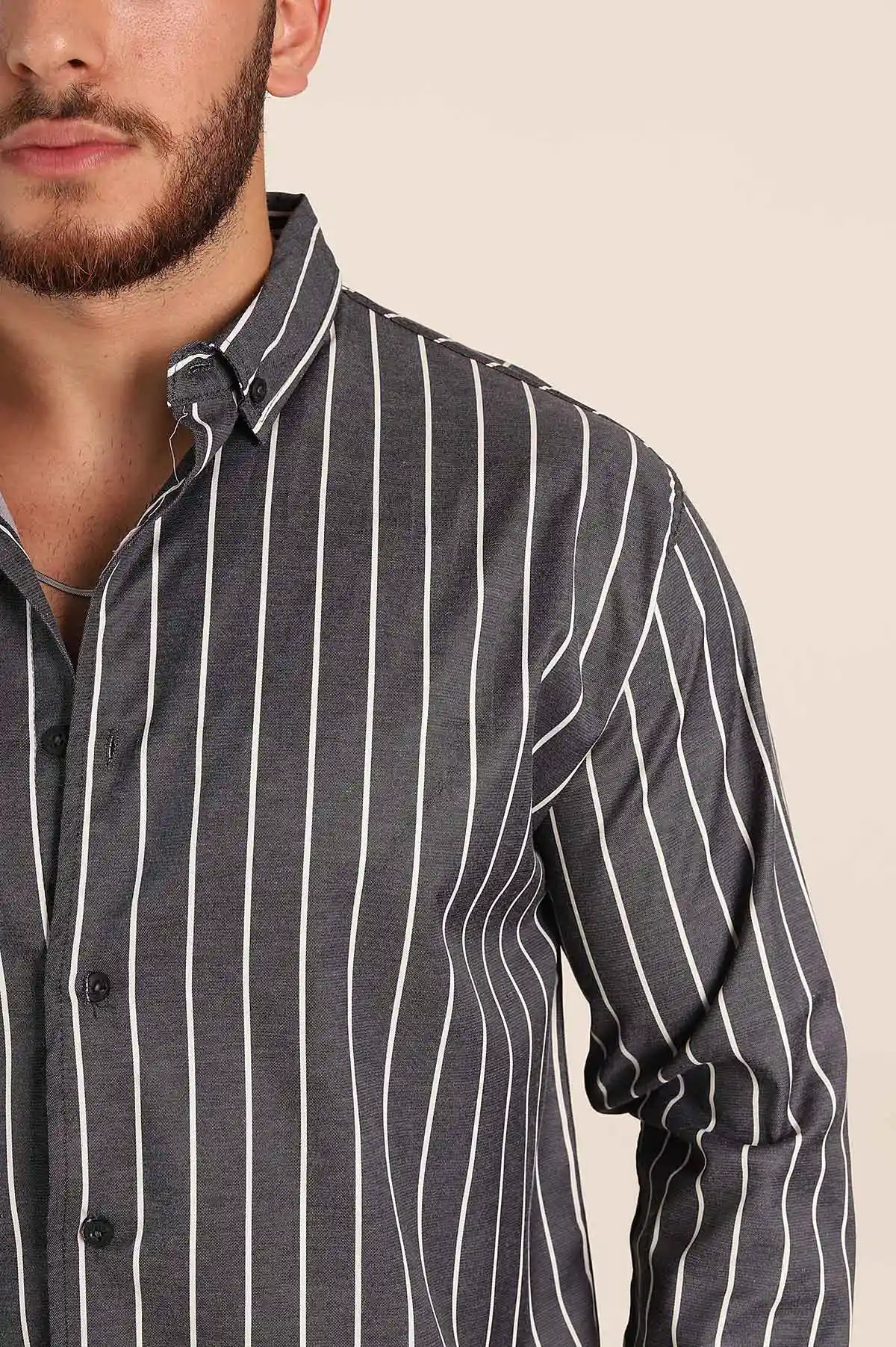 Antrasit Regular Fit Çizgili Ata Yaka Uzun Kollu Erkek Gömlek 369995