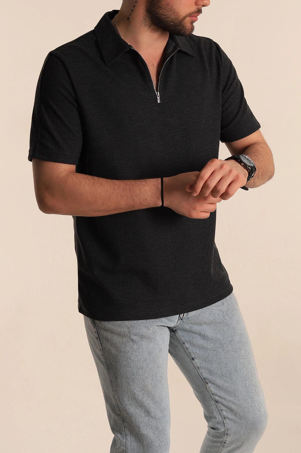 Antrasit Regular Fit Fitilli Doku Fermuarlı Yaka Erkek Tişört 268888