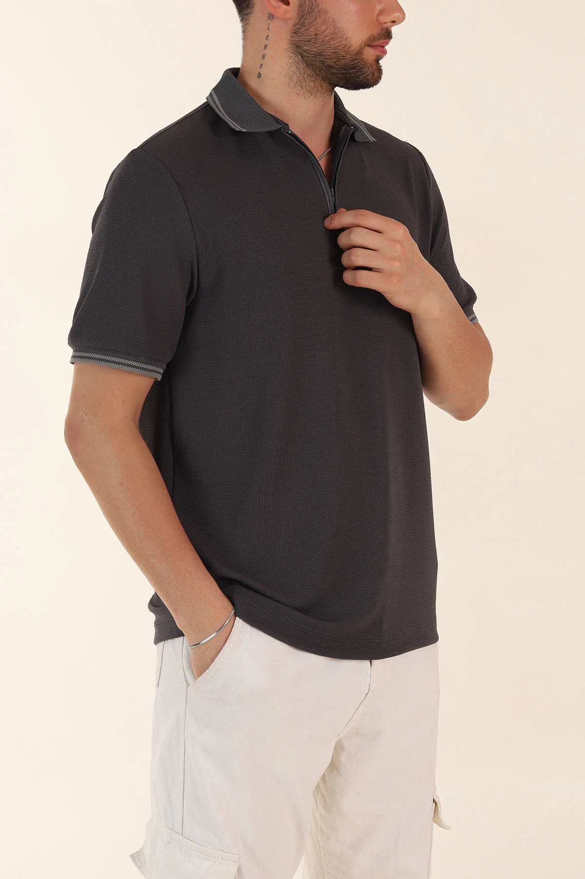 Antrasit Regular Fit Likralı Çizgili Polo Yaka Erkek Tişört 368731