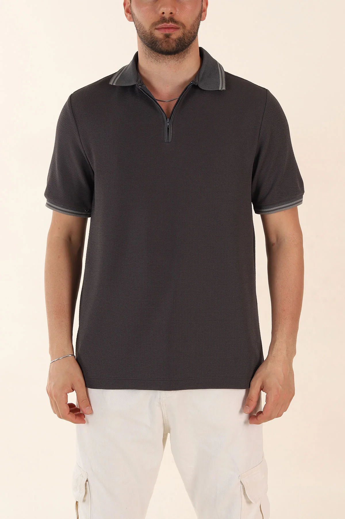 Antrasit Regular Fit Likralı Çizgili Polo Yaka Erkek Tişört 368731