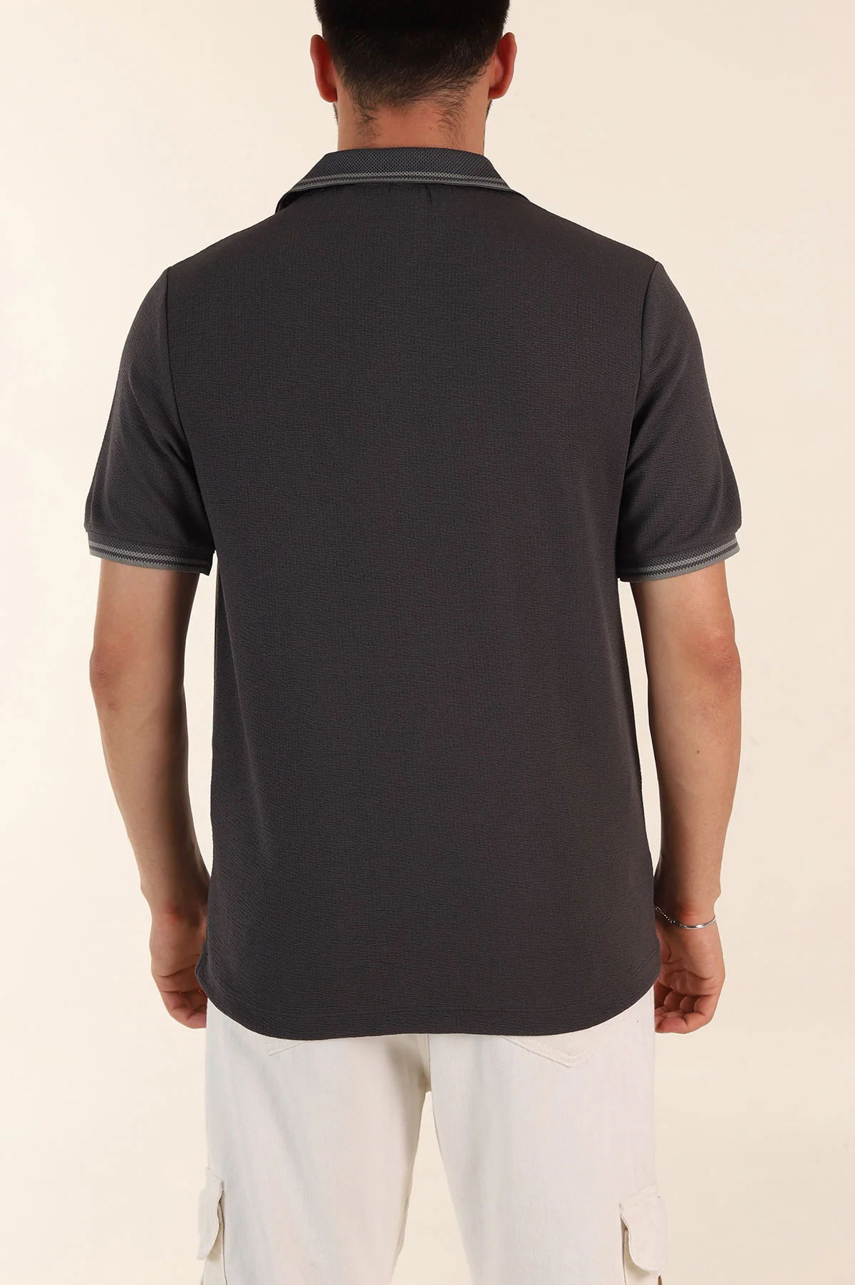 Antrasit Regular Fit Likralı Çizgili Polo Yaka Erkek Tişört 368731