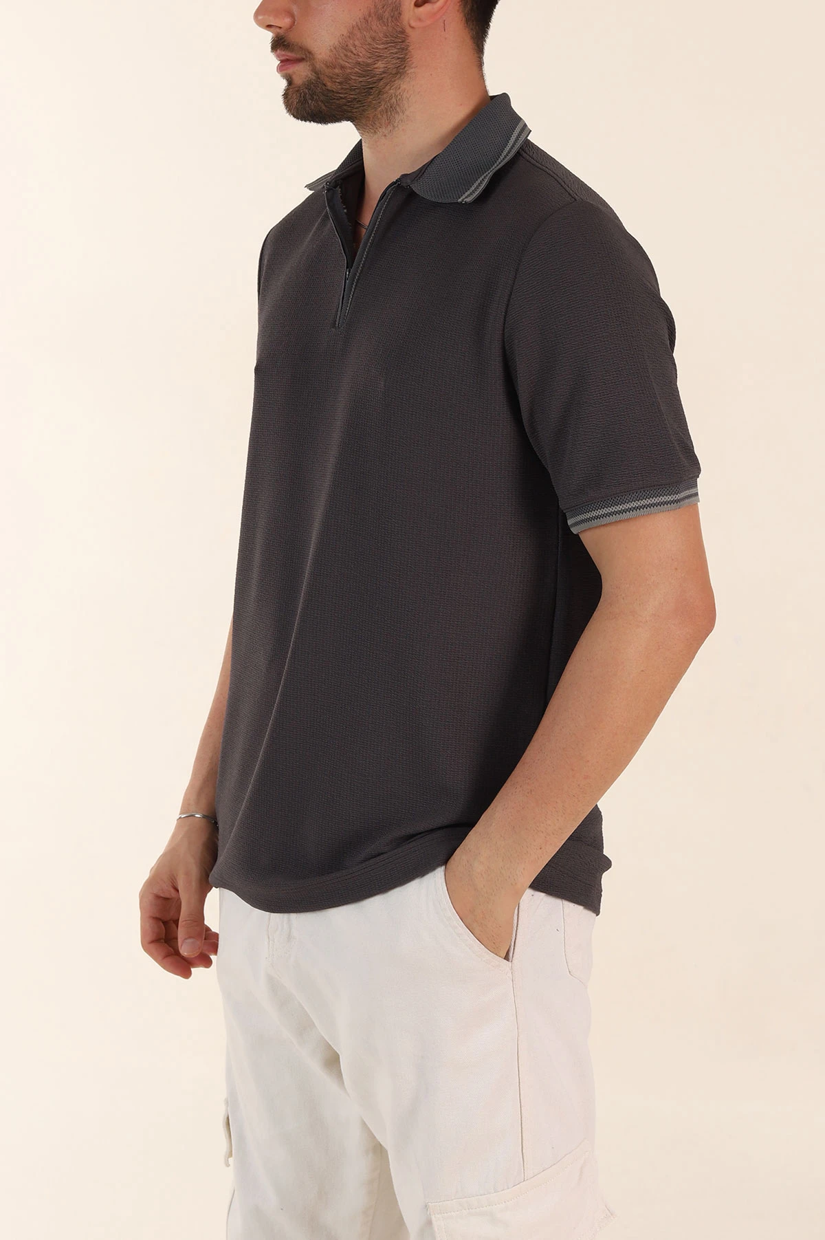 Antrasit Regular Fit Likralı Çizgili Polo Yaka Erkek Tişört 368731