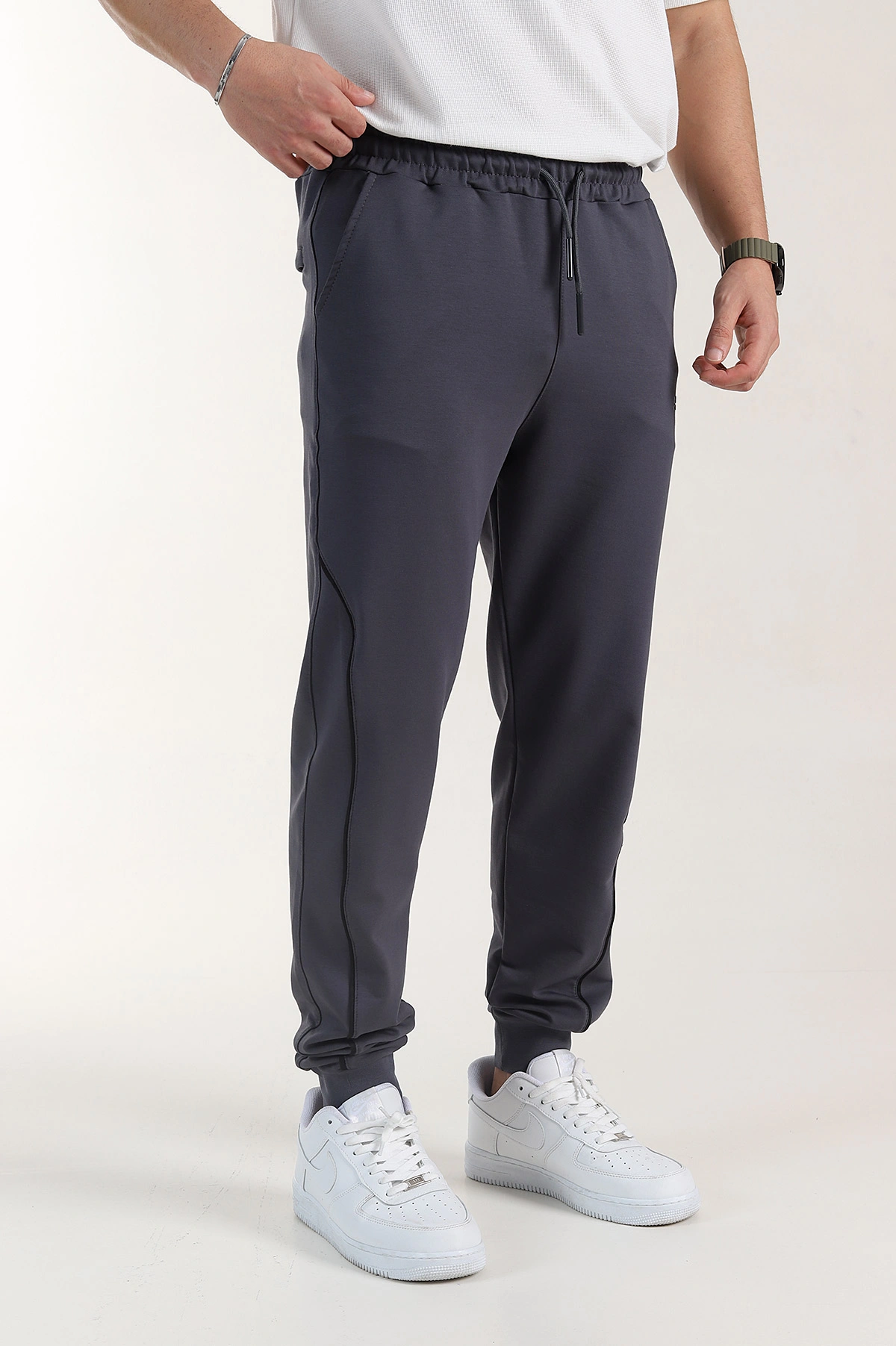 Antrasit Regular Fit Şerit Detaylı Paça Lastikli Erkek Eşofman Altı 402374
