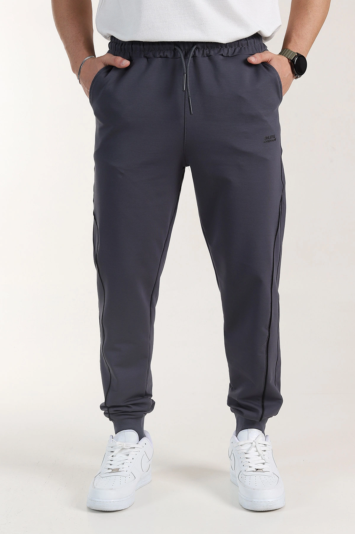 Antrasit Regular Fit Şerit Detaylı Paça Lastikli Erkek Eşofman Altı 402374