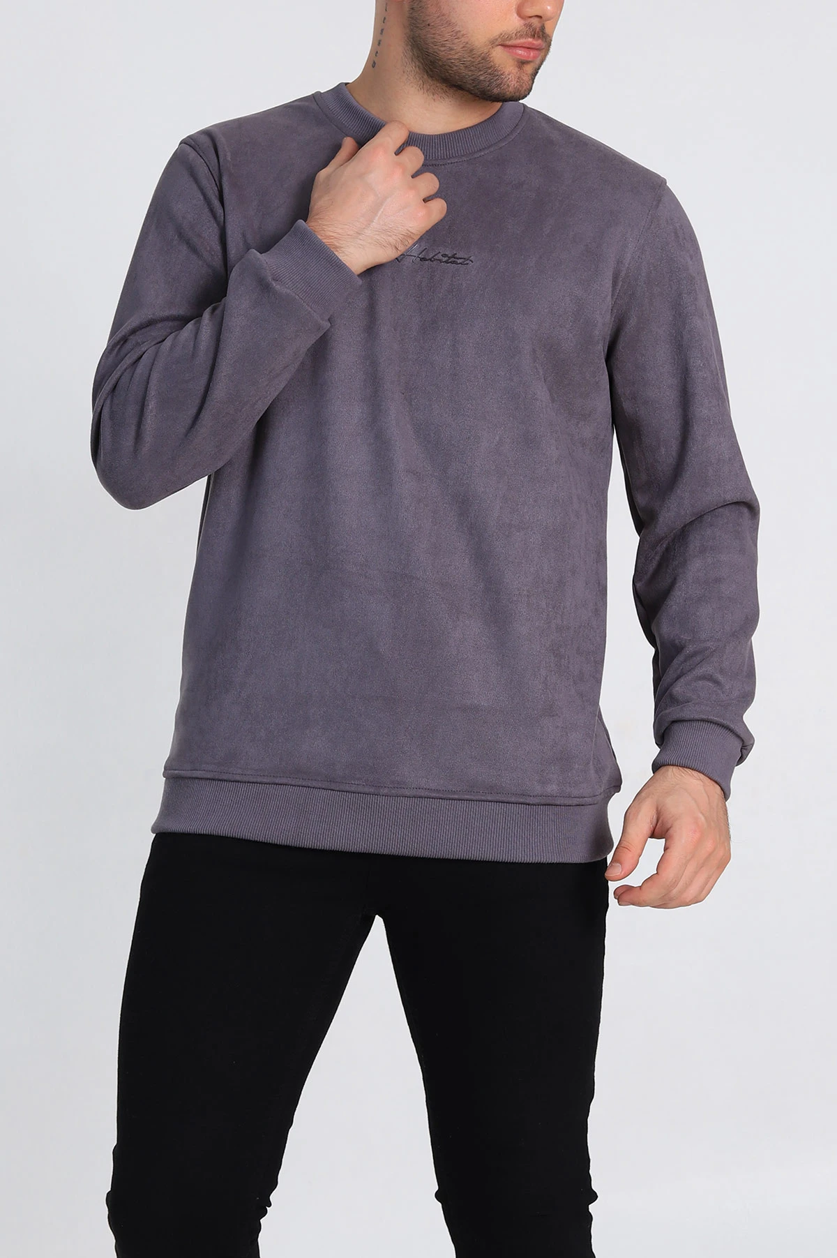 Antrasit Regular Fit Süet Kabartma Yazı Detaylı Erkek Sweatshirt 305858