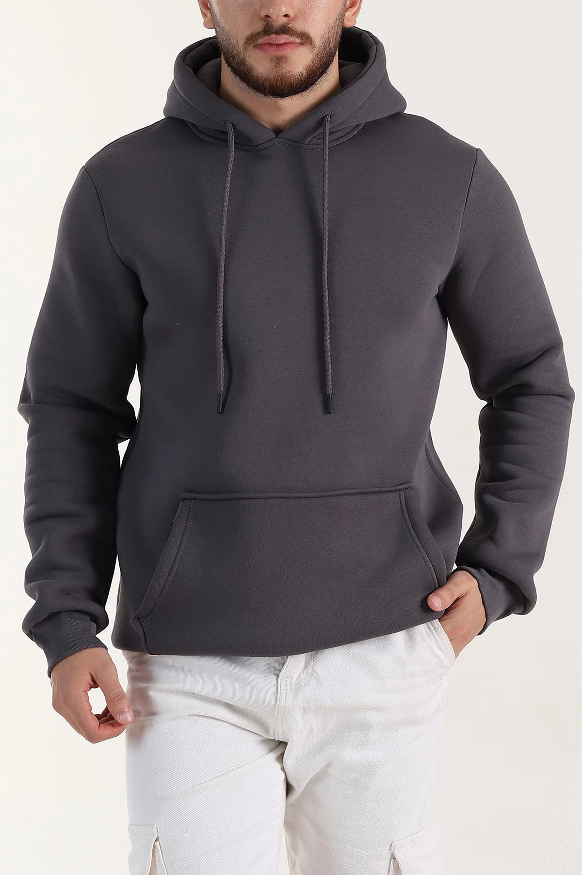 Koyu Antrasit Oversize Üç İp Şardonlu Erkek Basic Kapüşonlu Sweatshirt 400531