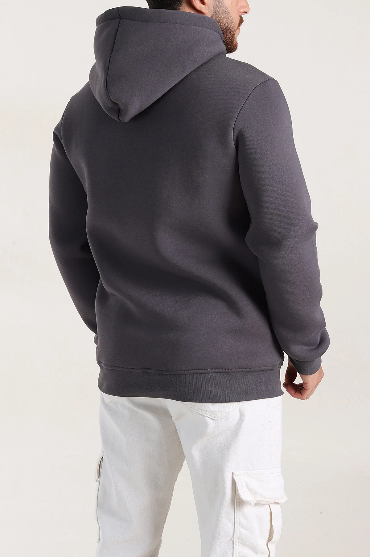 Koyu Antrasit Oversize Üç İp Şardonlu Erkek Basic Kapüşonlu Sweatshirt 400531