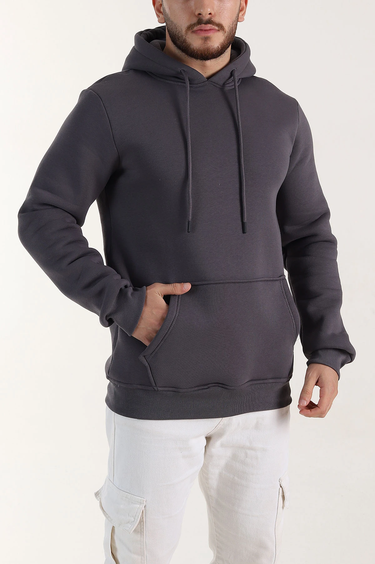 Koyu Antrasit Oversize Üç İp Şardonlu Erkek Basic Kapüşonlu Sweatshirt 400531