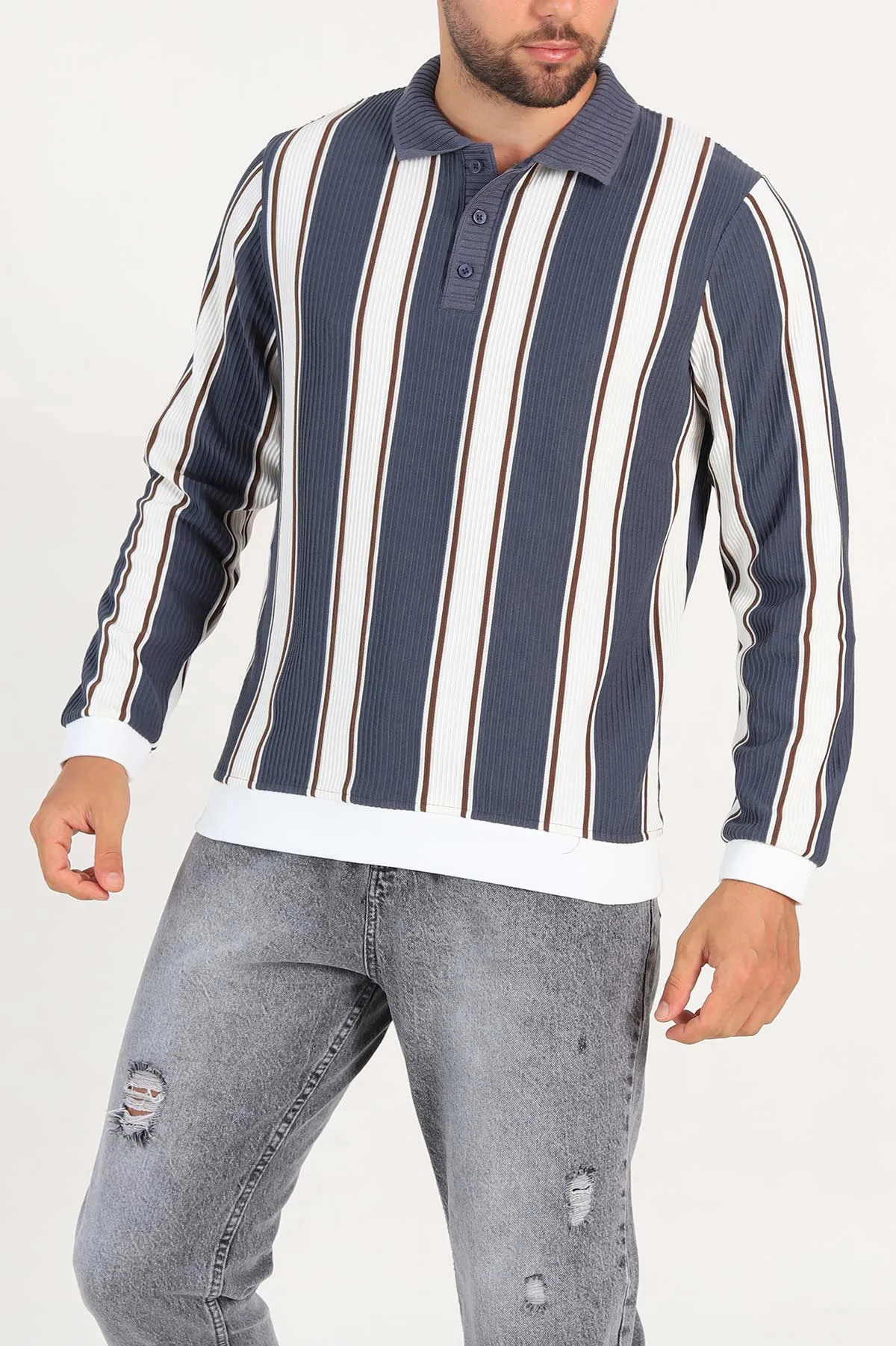 Antrasit Relaxed Fit Çizgili Polo Yaka Uzun Kollu Erkek Sweatshirt 300888