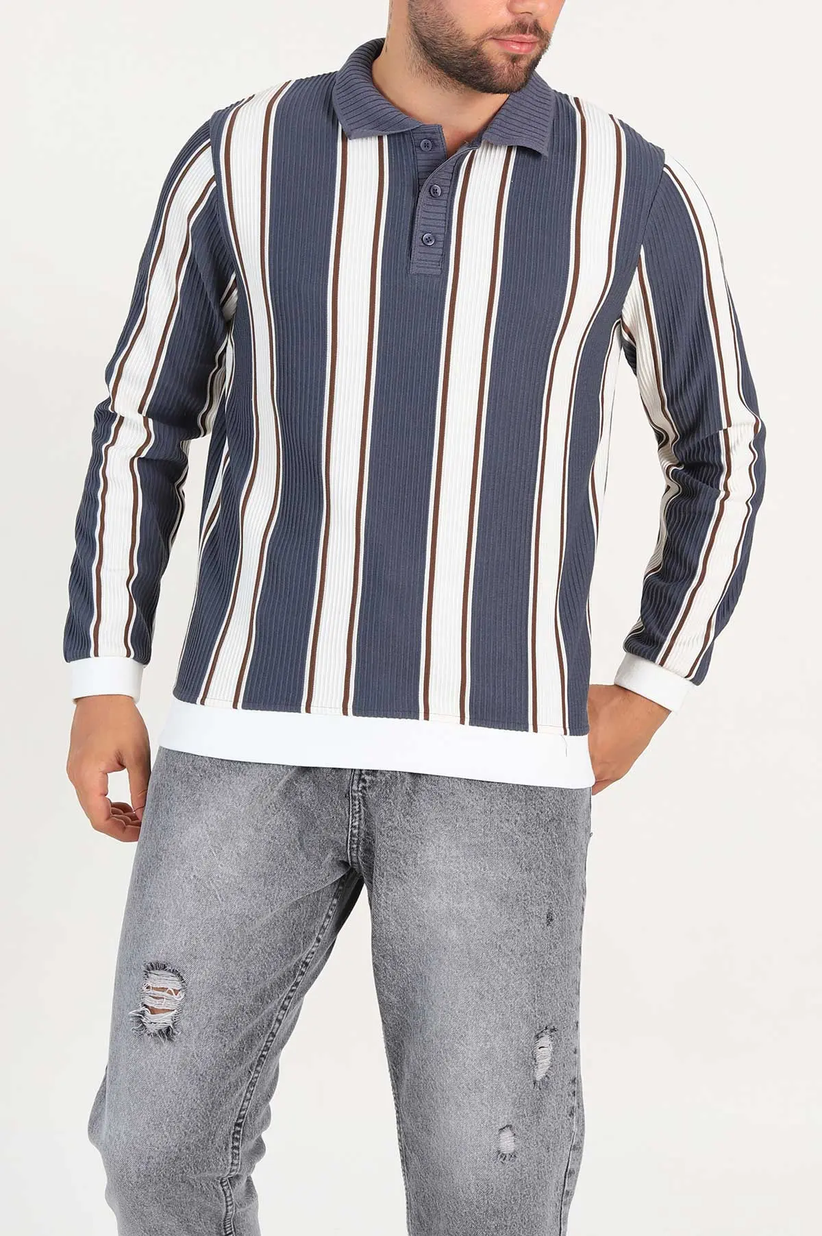 Antrasit Relaxed Fit Çizgili Polo Yaka Uzun Kollu Erkek Sweatshirt 300888