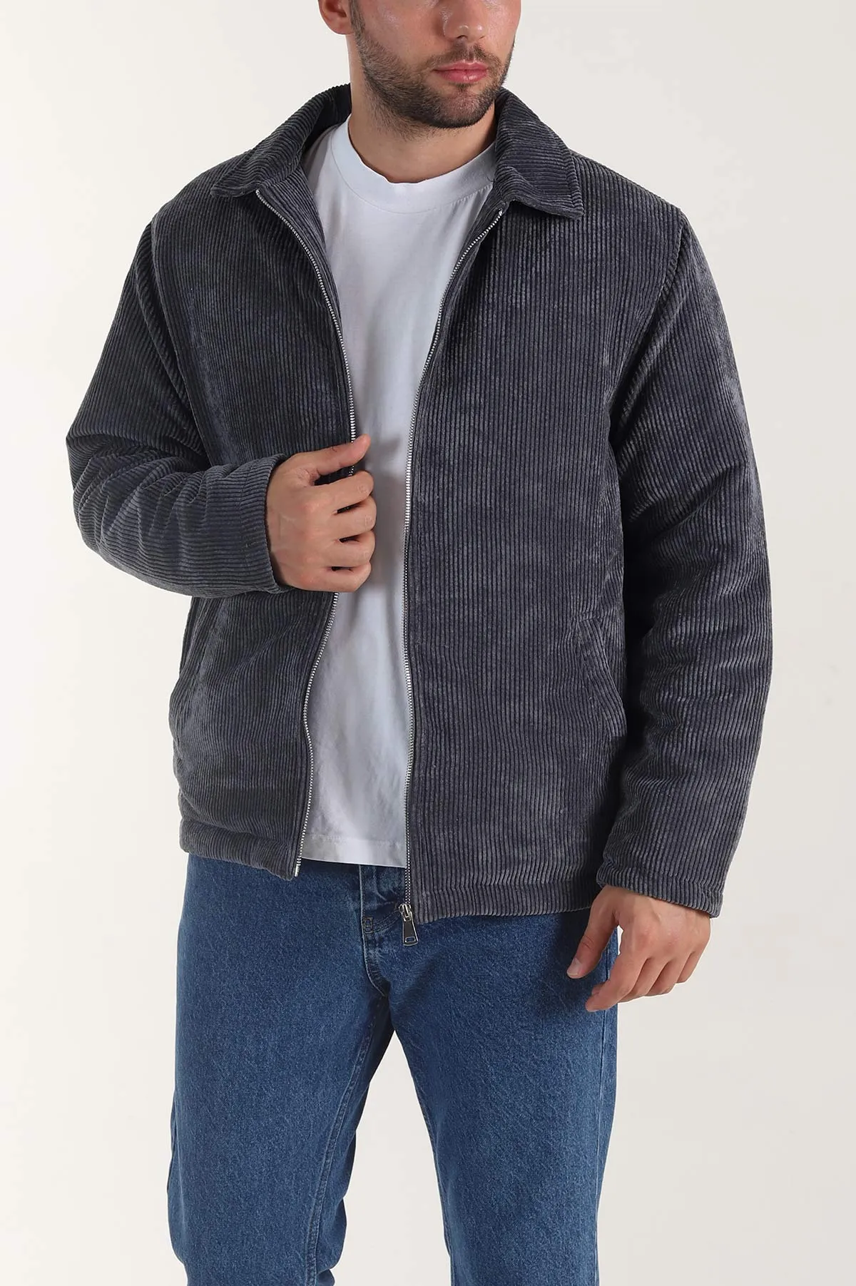 Antrasit Relaxed Fit Fitilli Doku Erkek Kadife Mont 400392