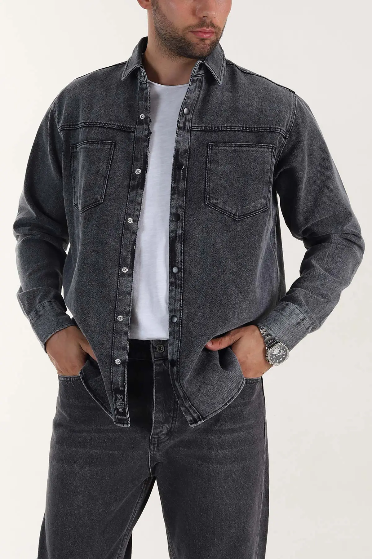 Antrasit Relaxed Fit Gabardin Çift Cepli Yıkamalı  Erkek Gömlek 397971