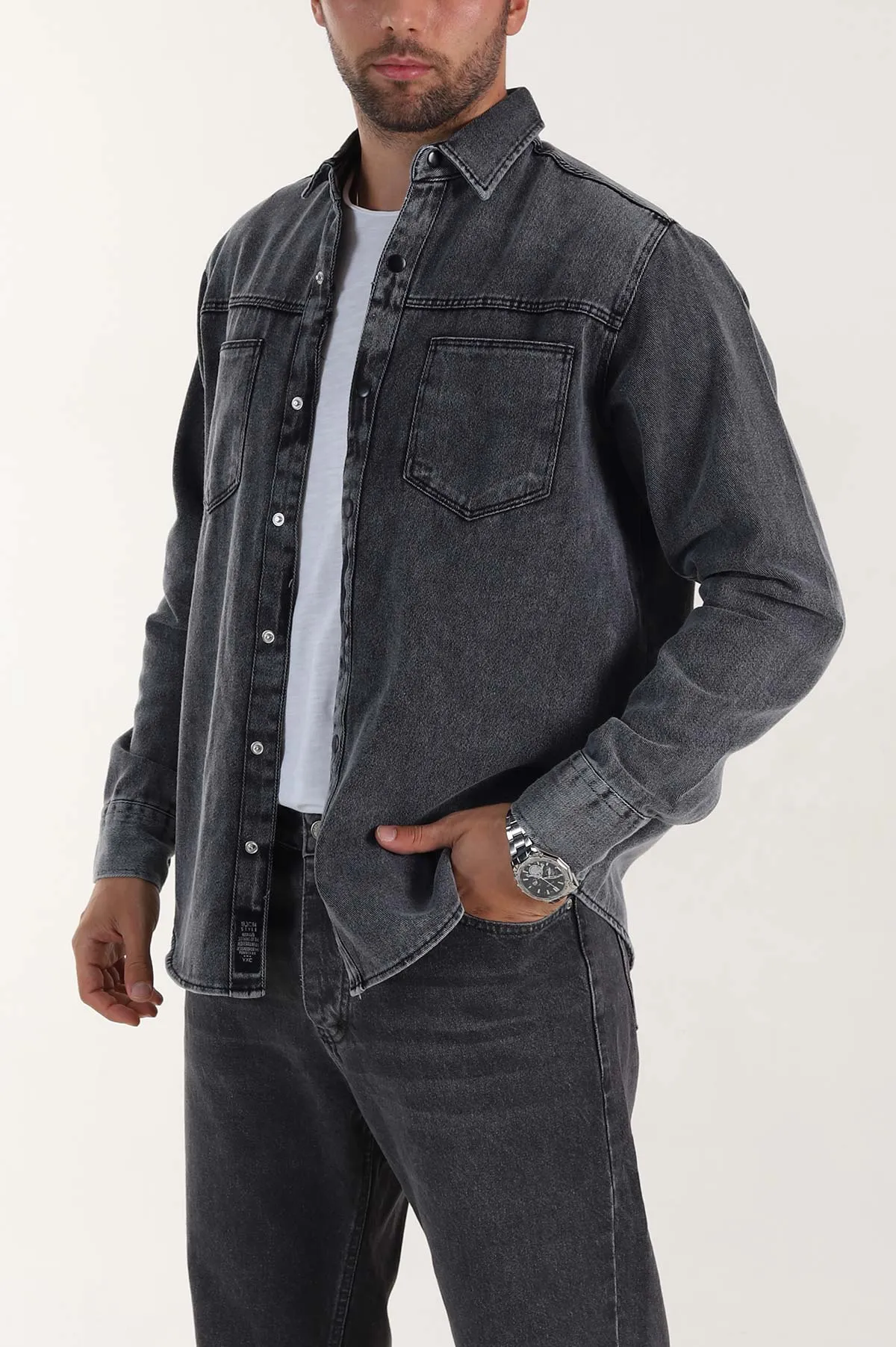 Antrasit Relaxed Fit Gabardin Çift Cepli Yıkamalı Erkek Gömlek 397971