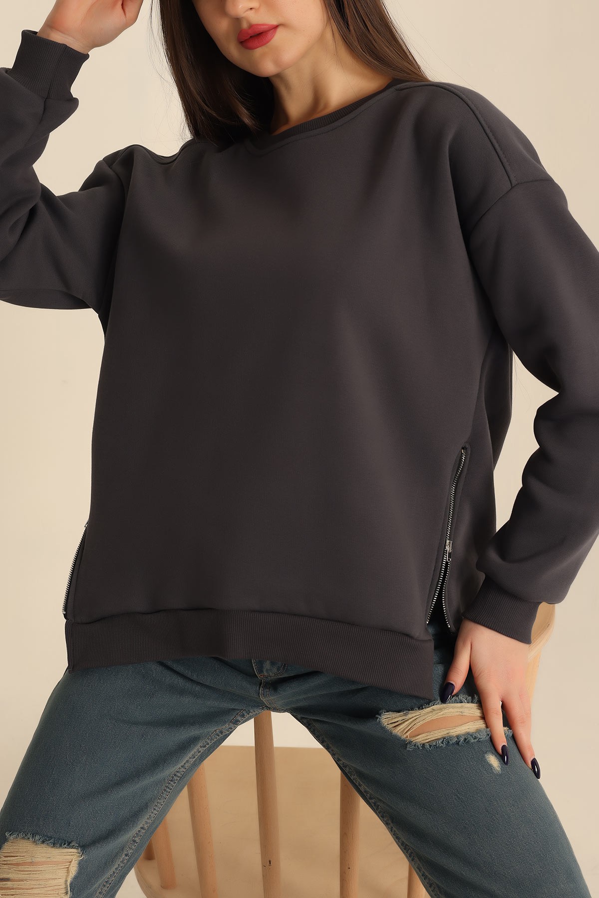 Antrasit Şardonlu Fermuar Detay Sweat 224466