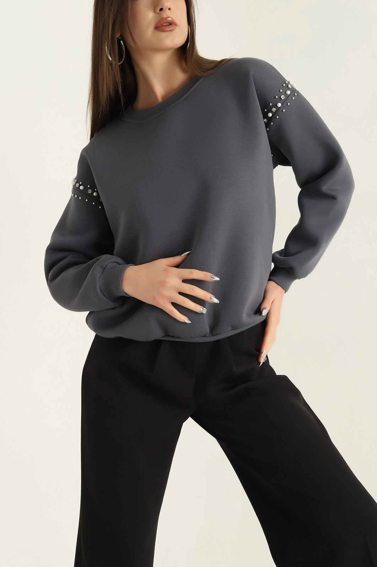 Antrasit Şardonlu Taşlı İki İp Bayan Sweat 321534
