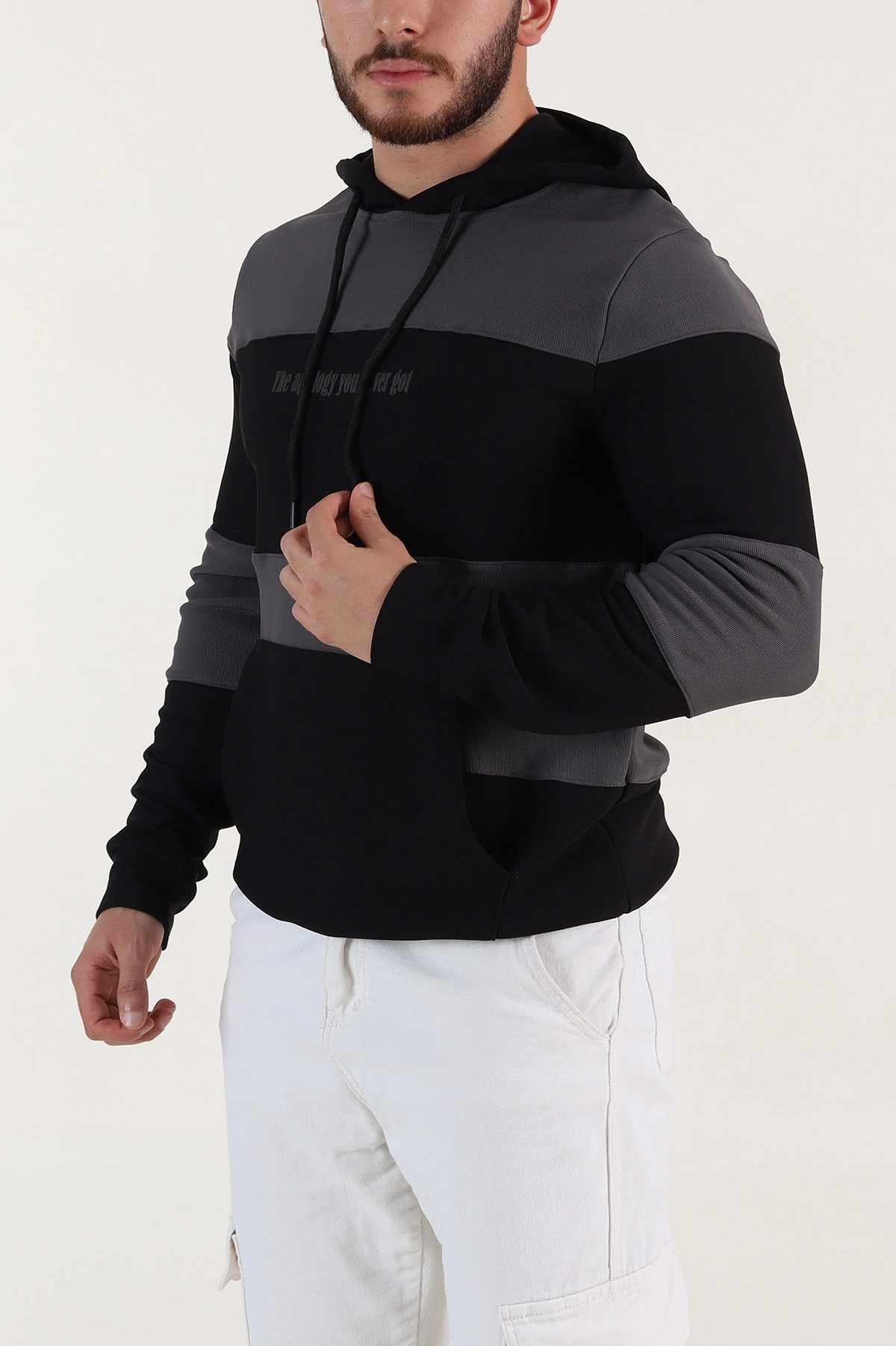 Antrasit Siyah Cep Detaylı Yazılı Kapüşonlu Erkek Sweatshirt 396160