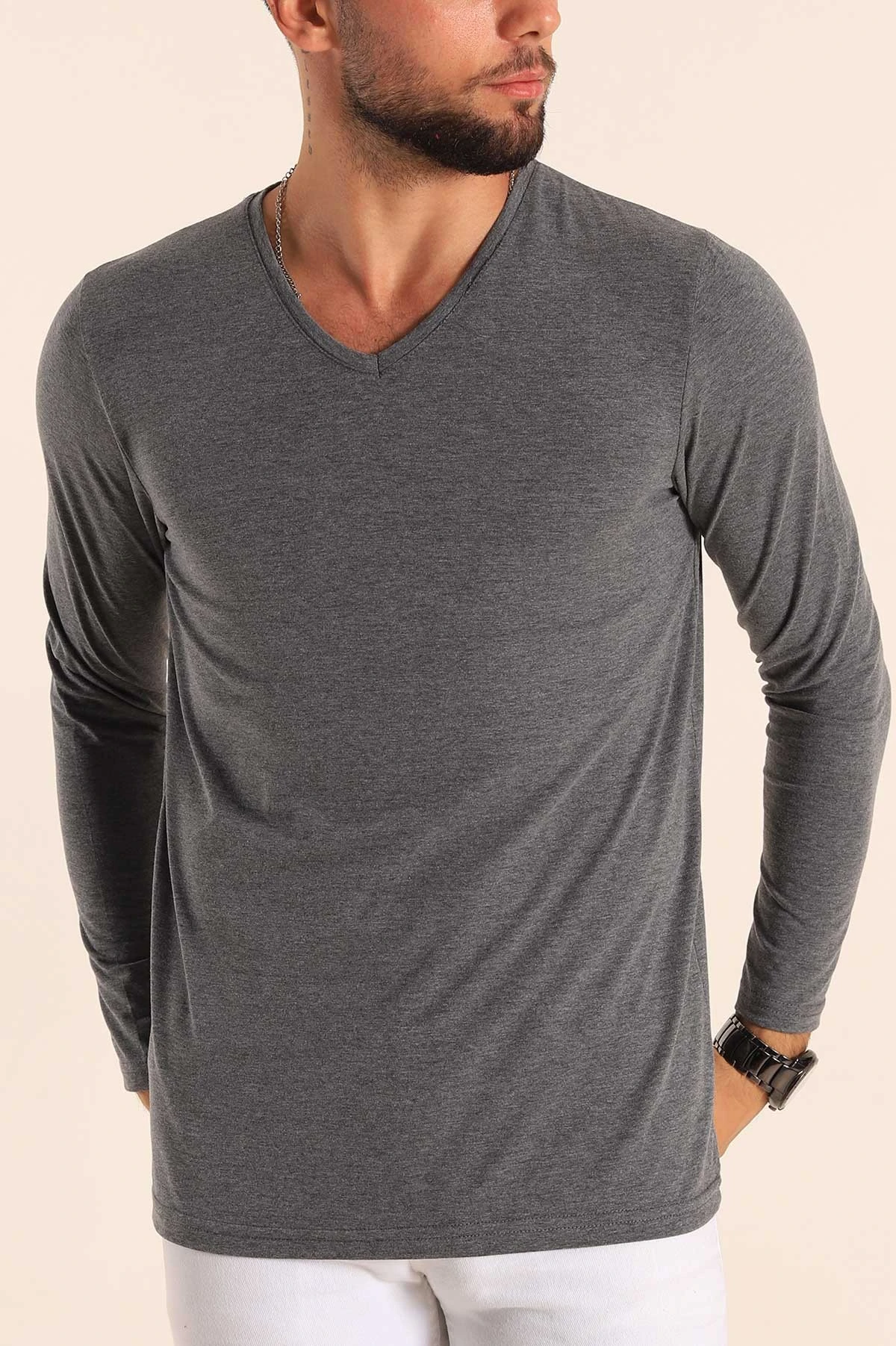 Antrasit Slim Fit V Yaka Likralı Basic Erkek Sweatshirt 234989