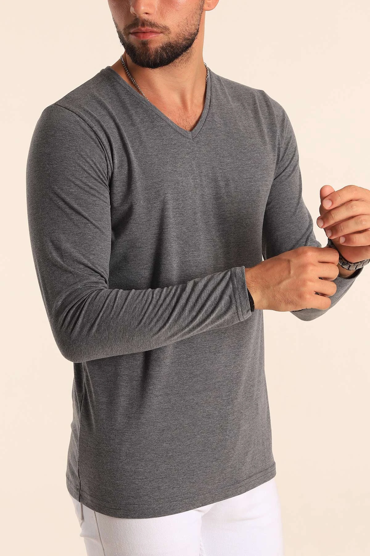 Antrasit Slim Fit V Yaka Likralı Basic Erkek Sweatshirt 234989