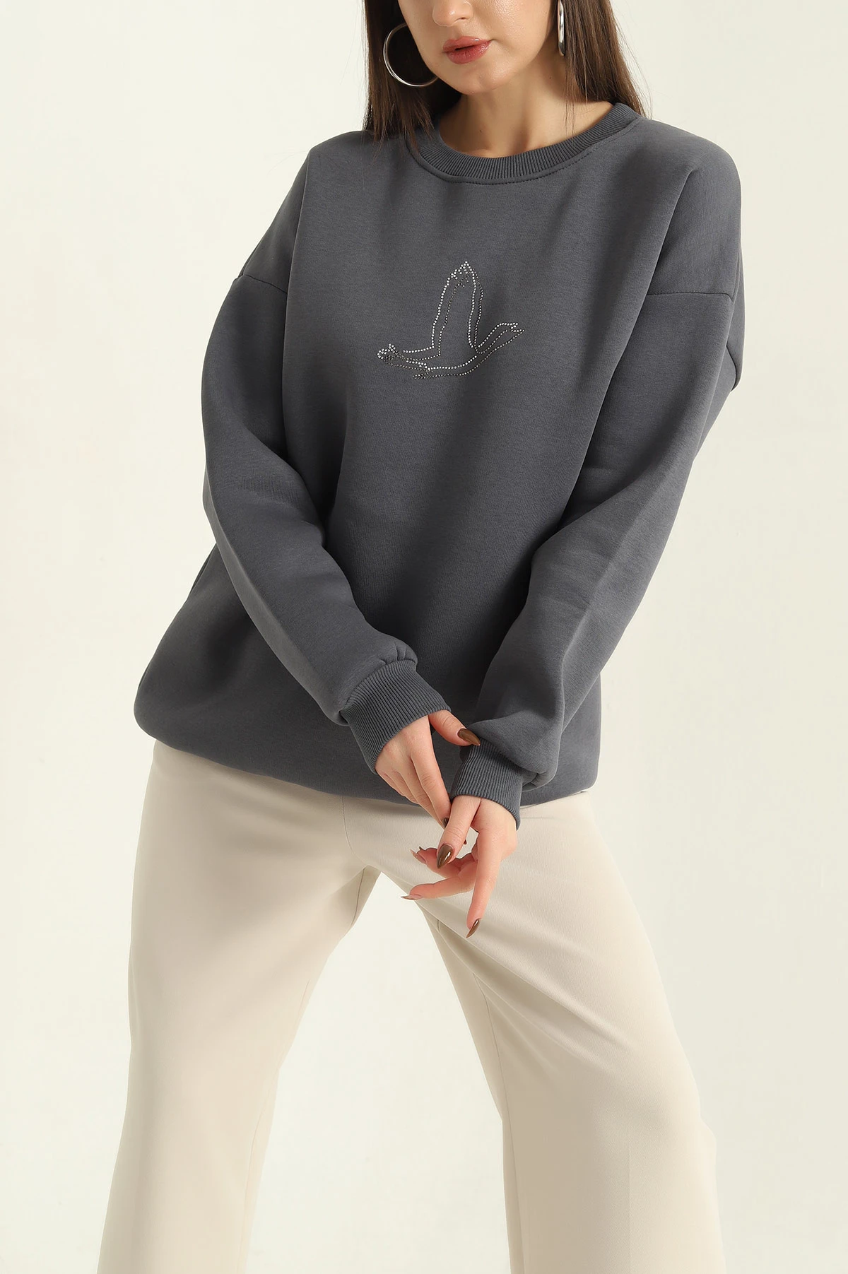 Antrasit Taş İşlemeli Şardonlu Üç İp Sweat 328993
