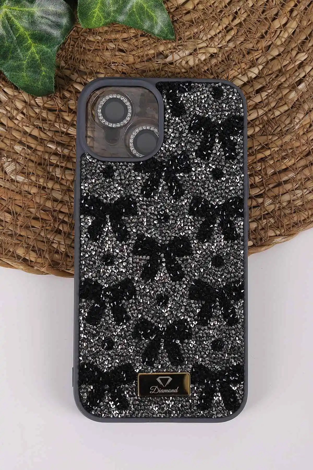 Antrasit TeknoCase İPhone 13 Uyumlu Perfect Diamond Case Serisi Taşlı Lens Hediyeli Sert Silikon Telefon Kılıfı 450075