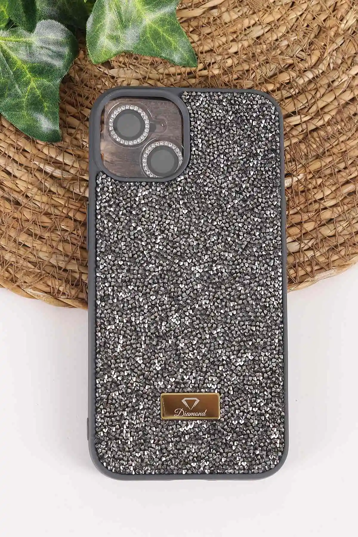 Antrasit TeknoCase İPhone 14 Uyumlu Ella Diamond Case Serisi Lens Hediyeli Sert Silikon Telefon Kılıfı 457735