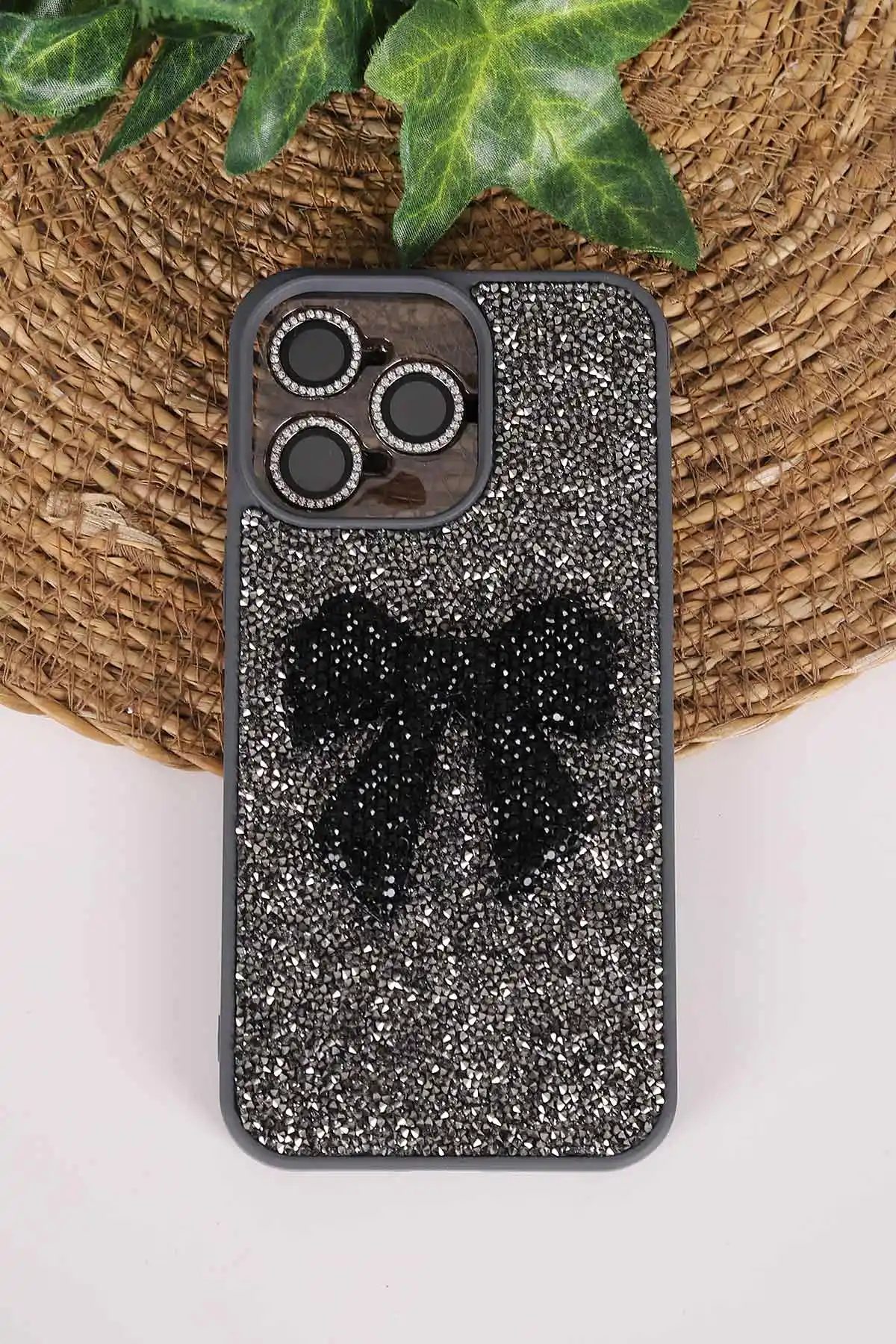 Antrasit TeknoCase İPhone 15 Pro Max Uyumlu Nelly Diamond Serisi Taşlı Lens Hediyeli Sert Silikon Telefon Kılıfı 480943