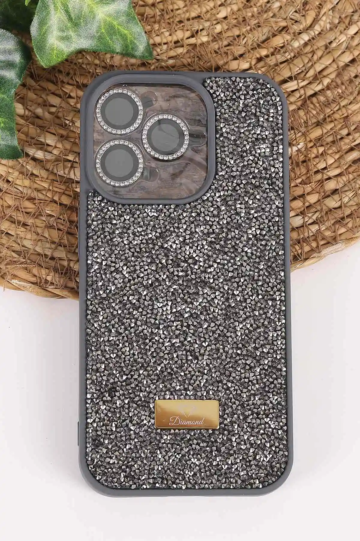 Antrasit TeknoCase İPhone 15 Pro Uyumlu Ella Diamond Case Serisi Lens Hediyeli Sert Silikon Telefon Kılıfı 457753