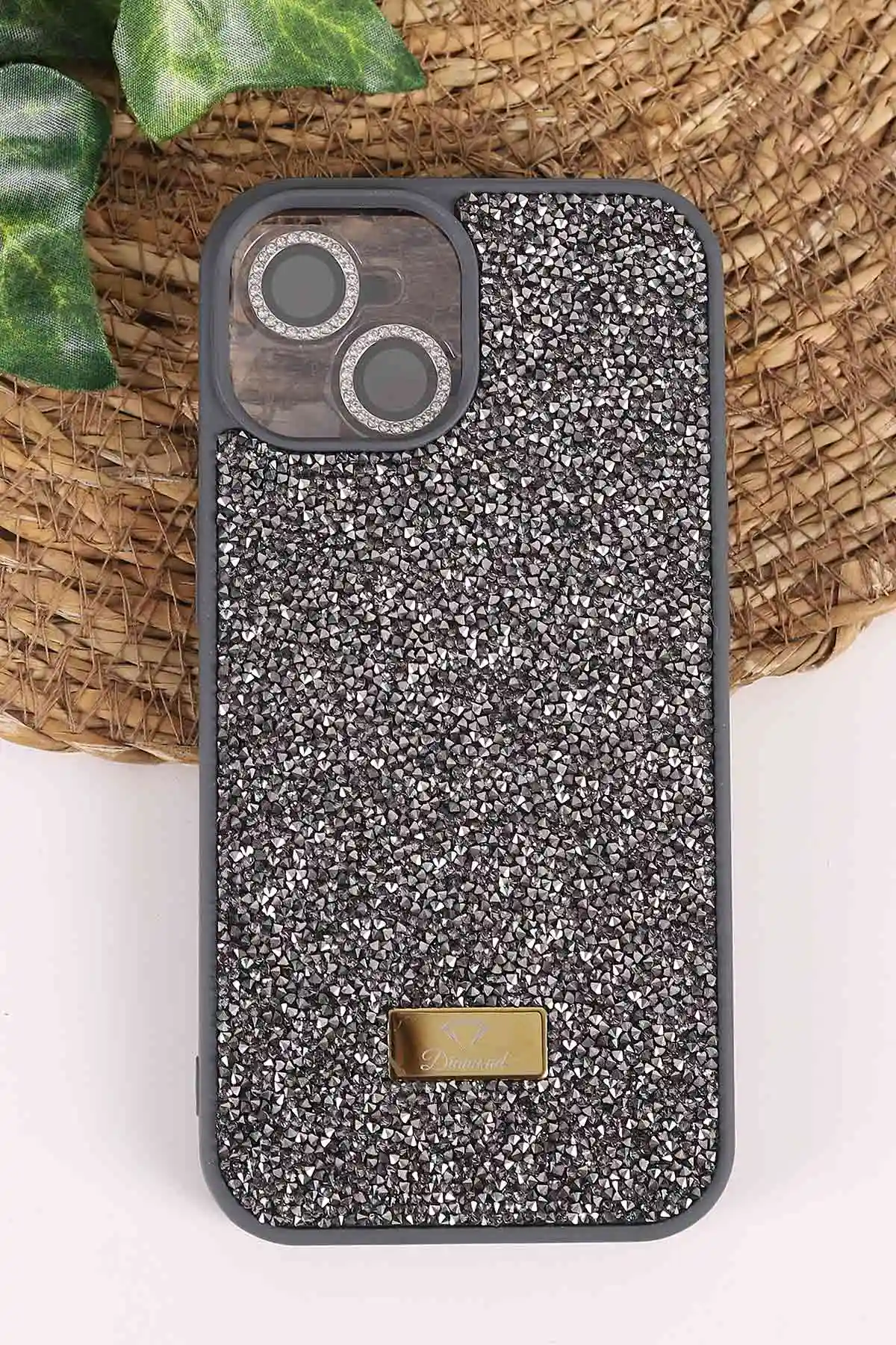 Antrasit TeknoCase İPhone 15 Uyumlu Ella Diamond Case Serisi Lens Hediyeli Sert Silikon Telefon Kılıfı 457749