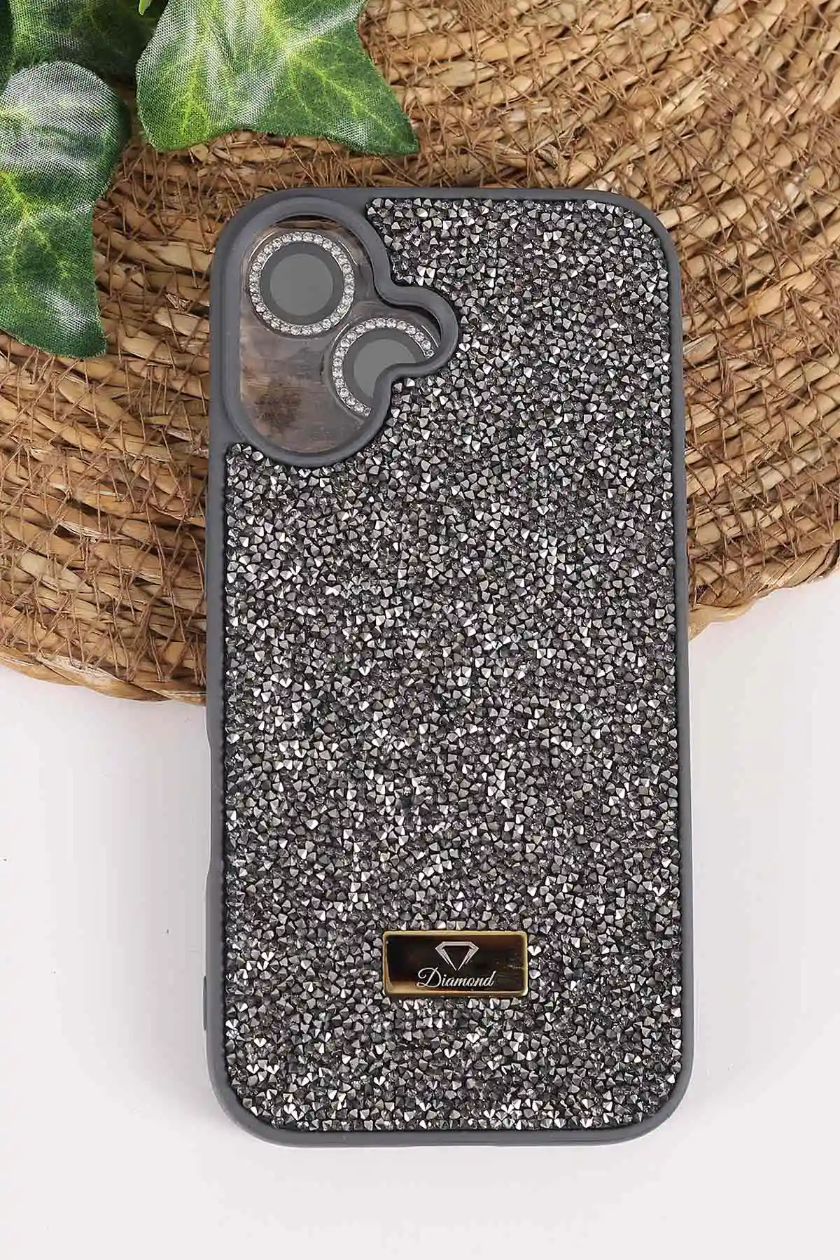 Antrasit TeknoCase İPhone 16 Uyumlu Ella Diamond Case Serisi Lens Hediyeli Sert Silikon Telefon Kılıfı 457808