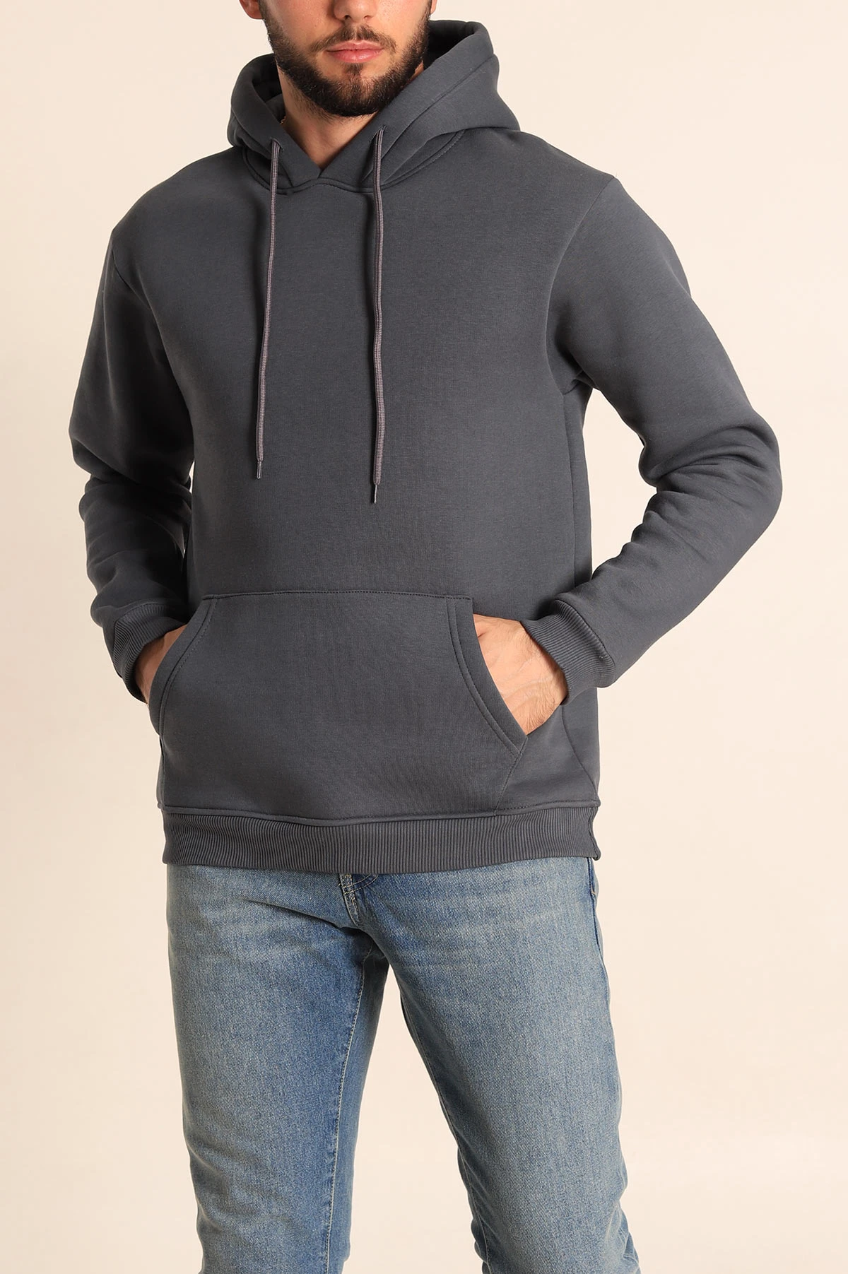 Antrasit Üç İp Şardonlu Kapüşonlu Basic Erkek Sweatshirt 226425