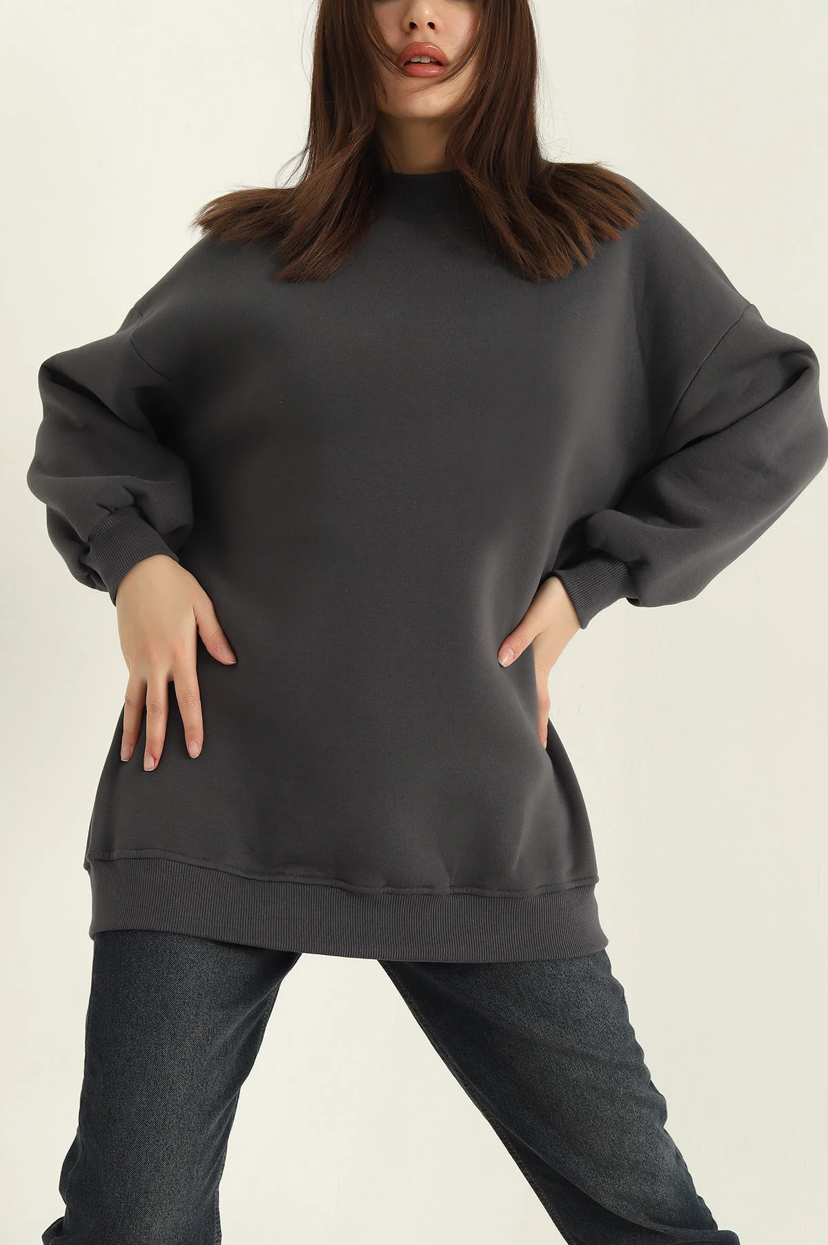 Antrasit Üç İplik Şardonlu Sweat Tunik 321589