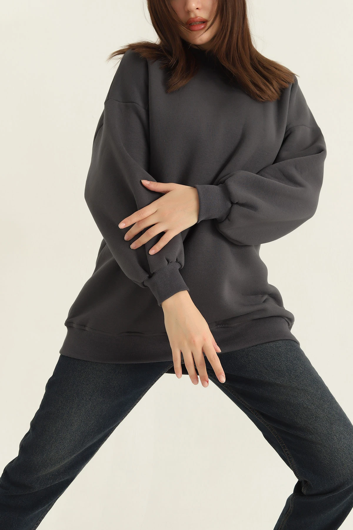 Antrasit Üç İplik Şardonlu Sweat Tunik 321589