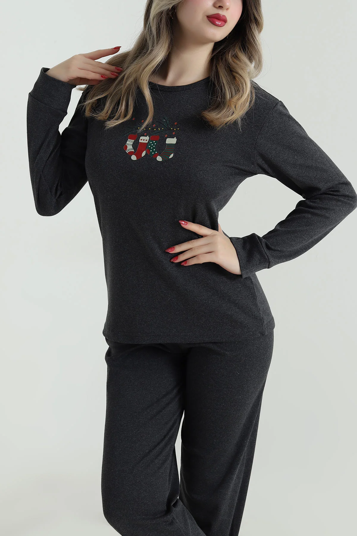 Antrasit Uzun Kollu İnterlok Kadın Pijama Takımı 499889