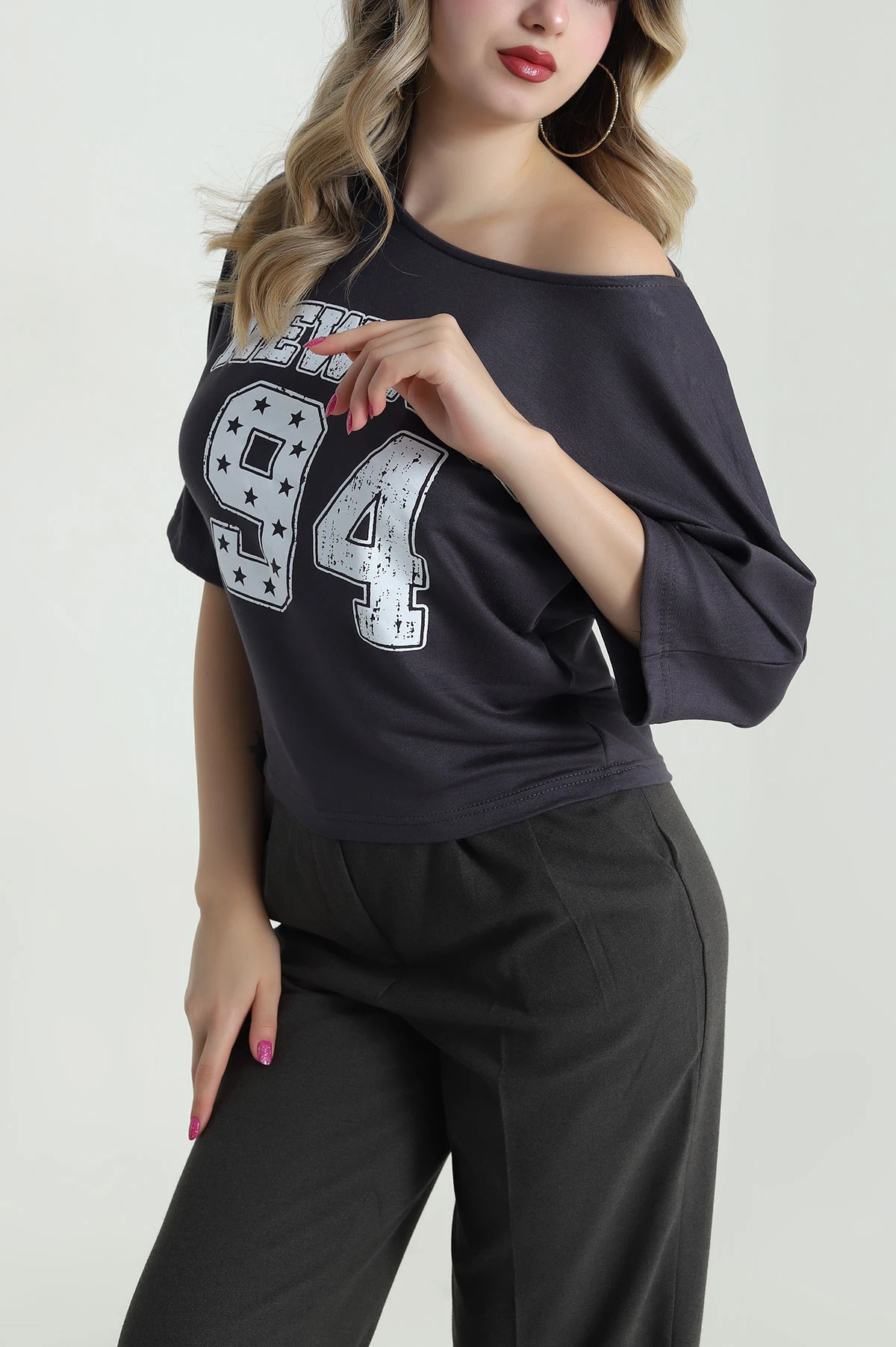 Antrasit Yarasa Kol Baskılı Kadın Kristal Bluz 483251