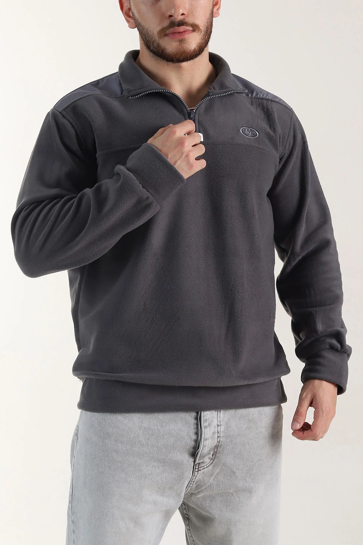 Antrasit Yarım Fermuarlı Nakış Detaylı Dik Yaka Polar Kumaş Erkek Sweatshirt 404238