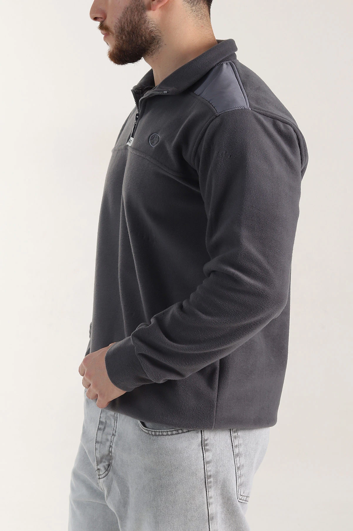 Antrasit Yarım Fermuarlı Nakış Detaylı Dik Yaka Polar Kumaş Erkek Sweatshirt 404238