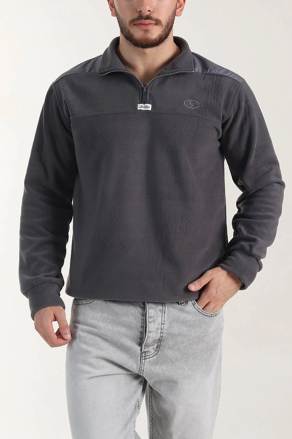 Antrasit Yarım Fermuarlı Nakış Detaylı Dik Yaka Polar Kumaş Erkek Sweatshirt 404238