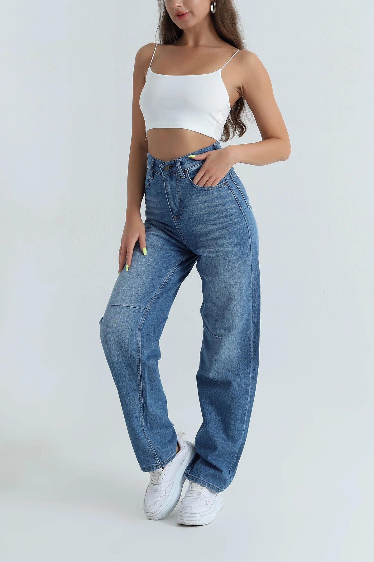 Arkası Tokalı Mavi Baggy Kadın Kot Pantolon 393317