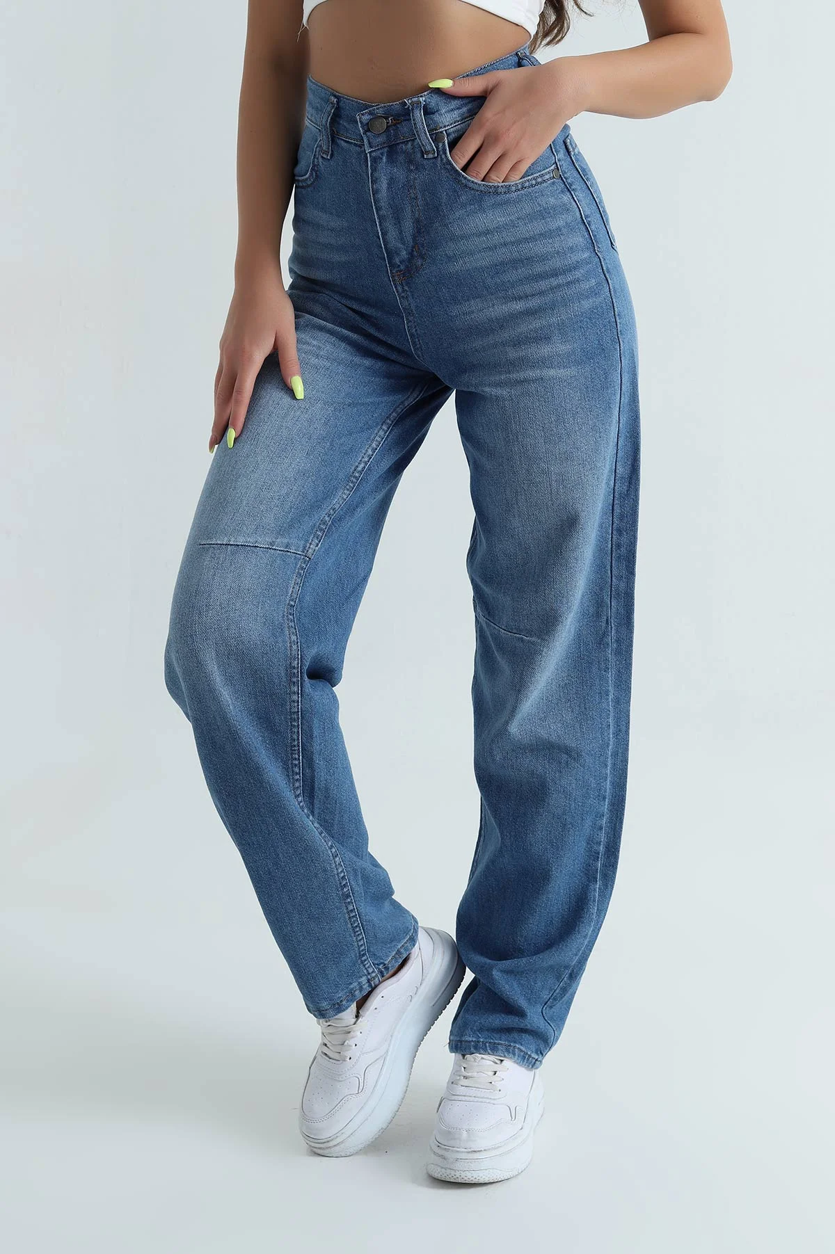Arkası Tokalı Mavi Baggy Kadın Kot Pantolon 393317