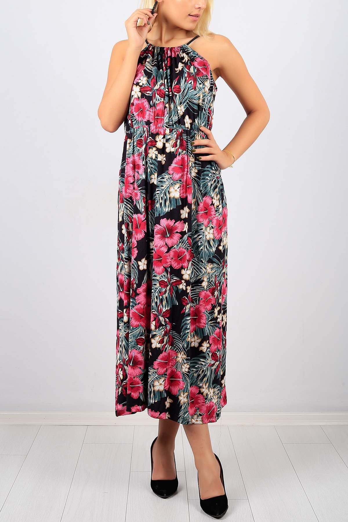 Askılı Çiçek Desen Bayan Elbise Modeli 8753B