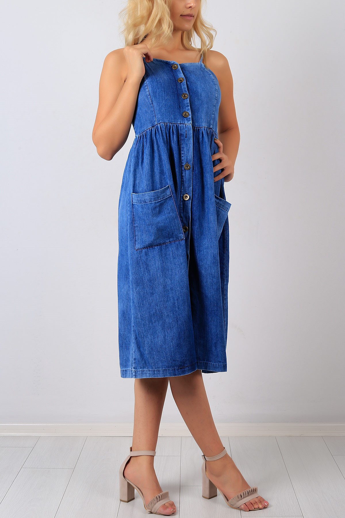 Askılı Düğme Detay Mavi Kot Bayan Elbise 8563B