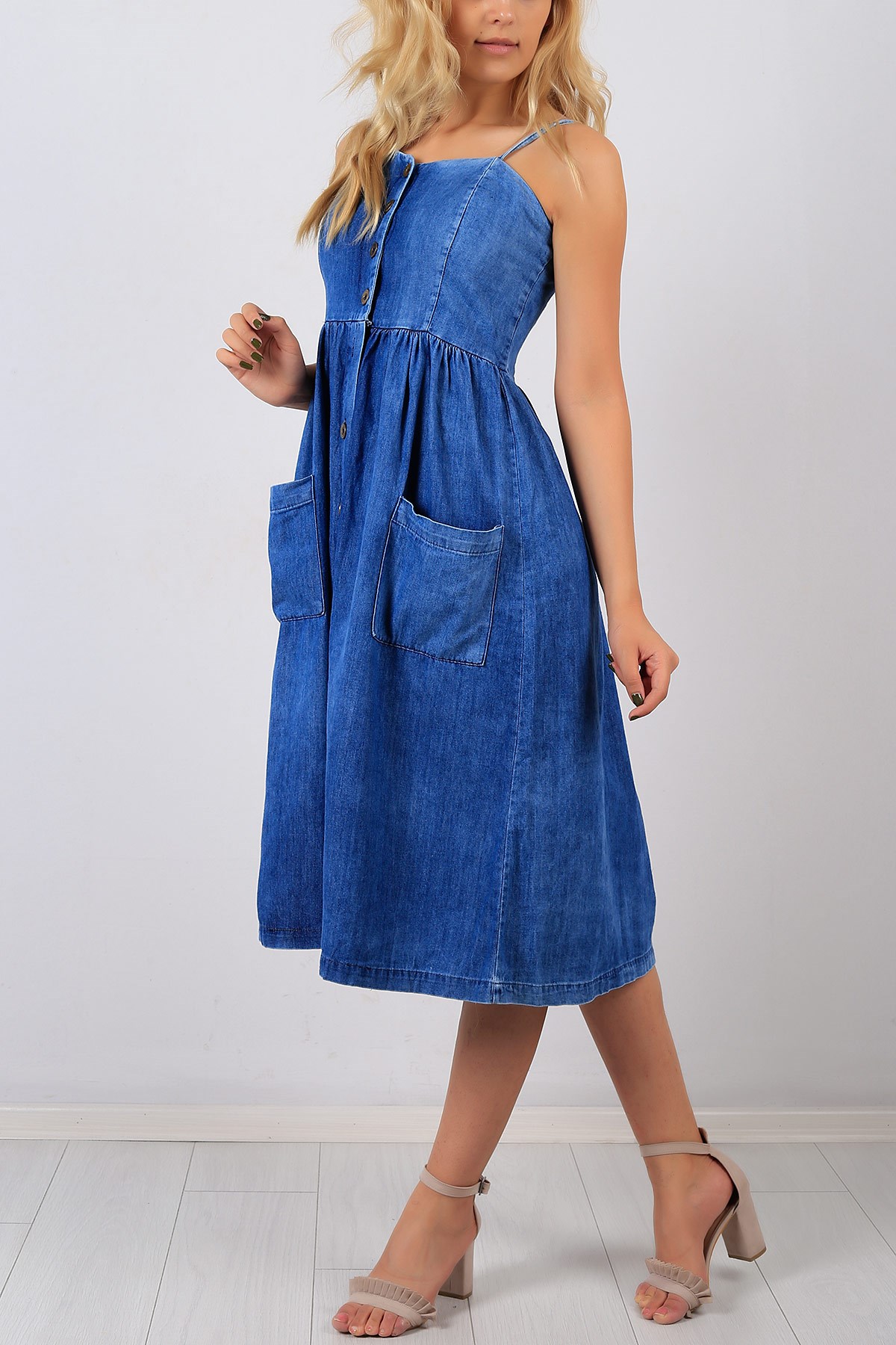 Askılı Düğme Detay Mavi Kot Bayan Elbise 8563B