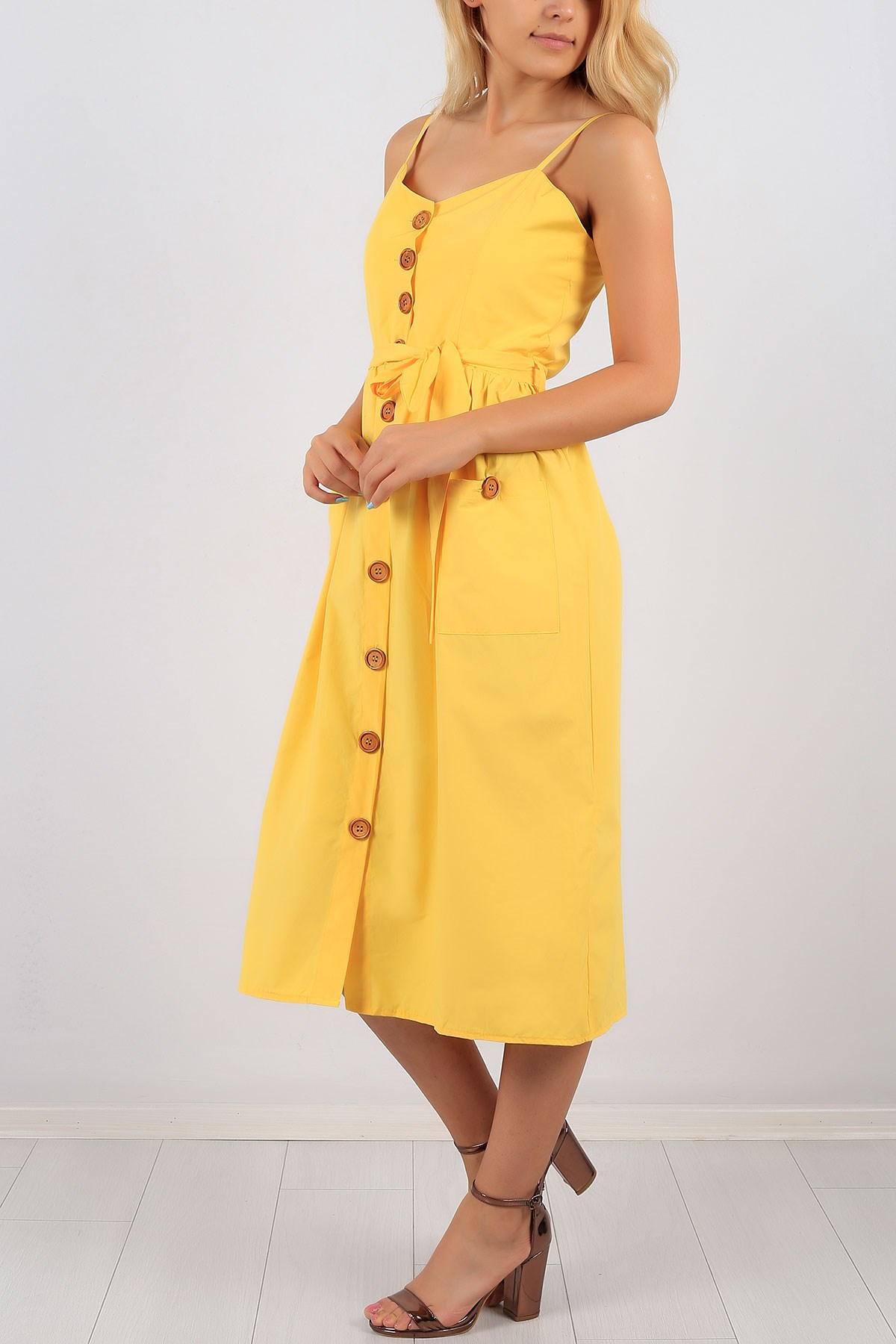 Askılı Düğme Detay Sarı Bayan Elbise 8677B
