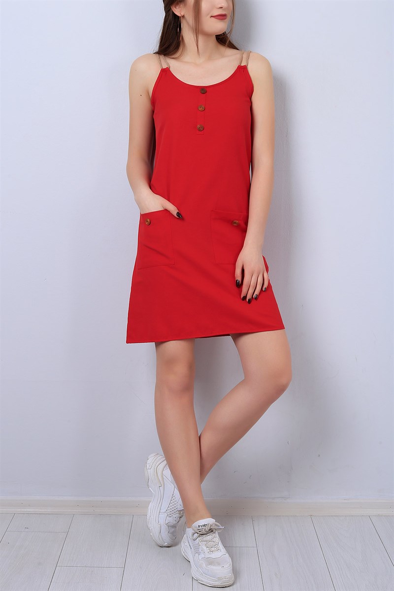 Askılı Kırmızı Bayan Cepli Elbise 13351B