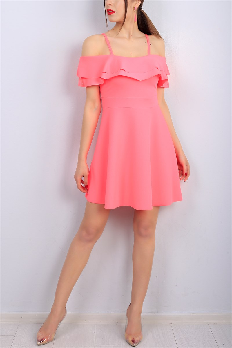 Askılı Yaka Fırfırlı Bayan Neon Elbise 13262B
