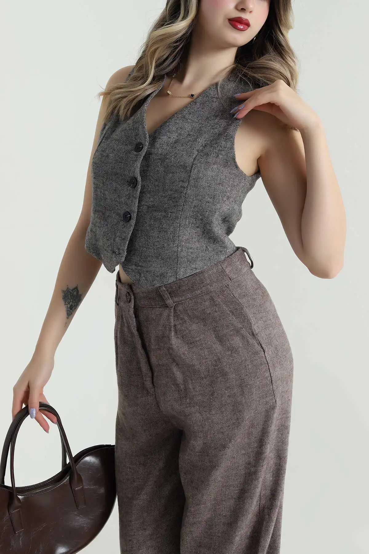 Astarlı Düğmeli Twill Kaşe Kadın Yelek 495351