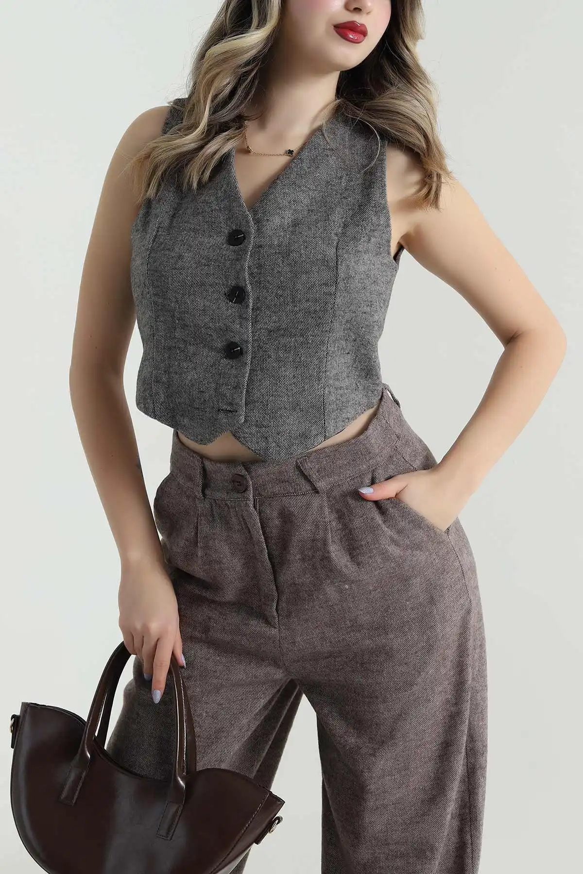 Astarlı Düğmeli Twill Kaşe Kadın Yelek 495351